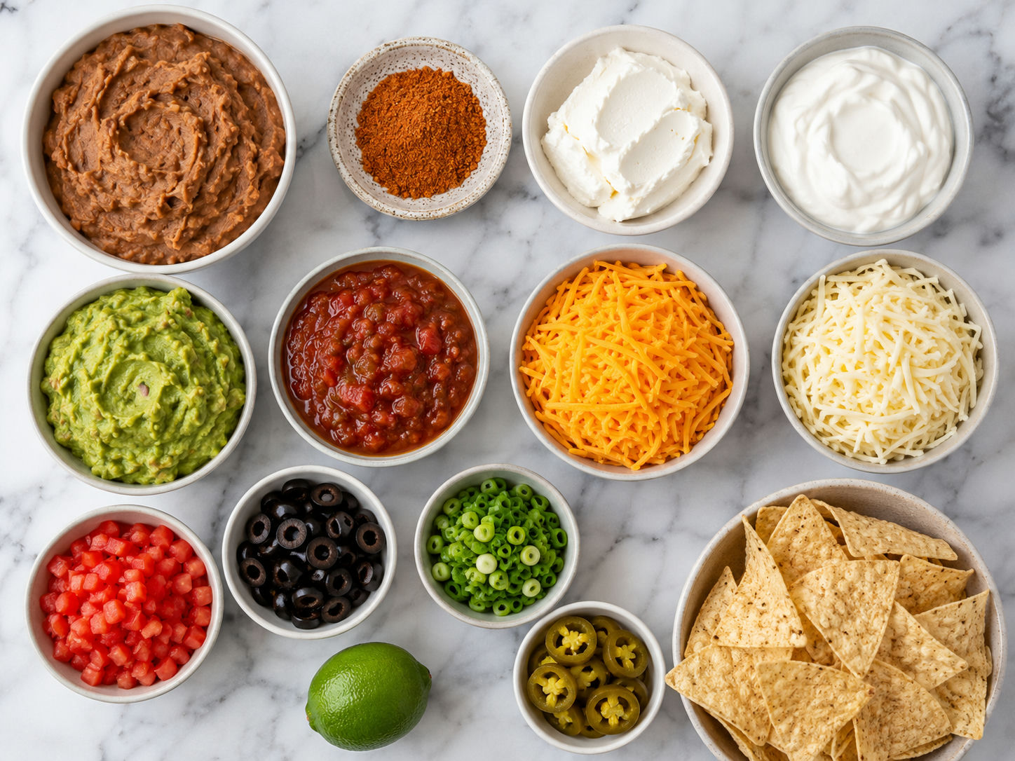Ingredients for creamy cheesy 7-Layer Dip on a wooden surface