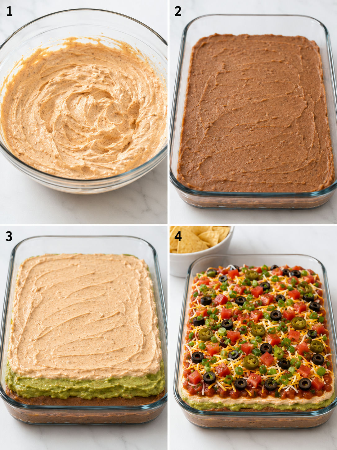 Four steps for layering creamy cheesy 7-Layer Dip