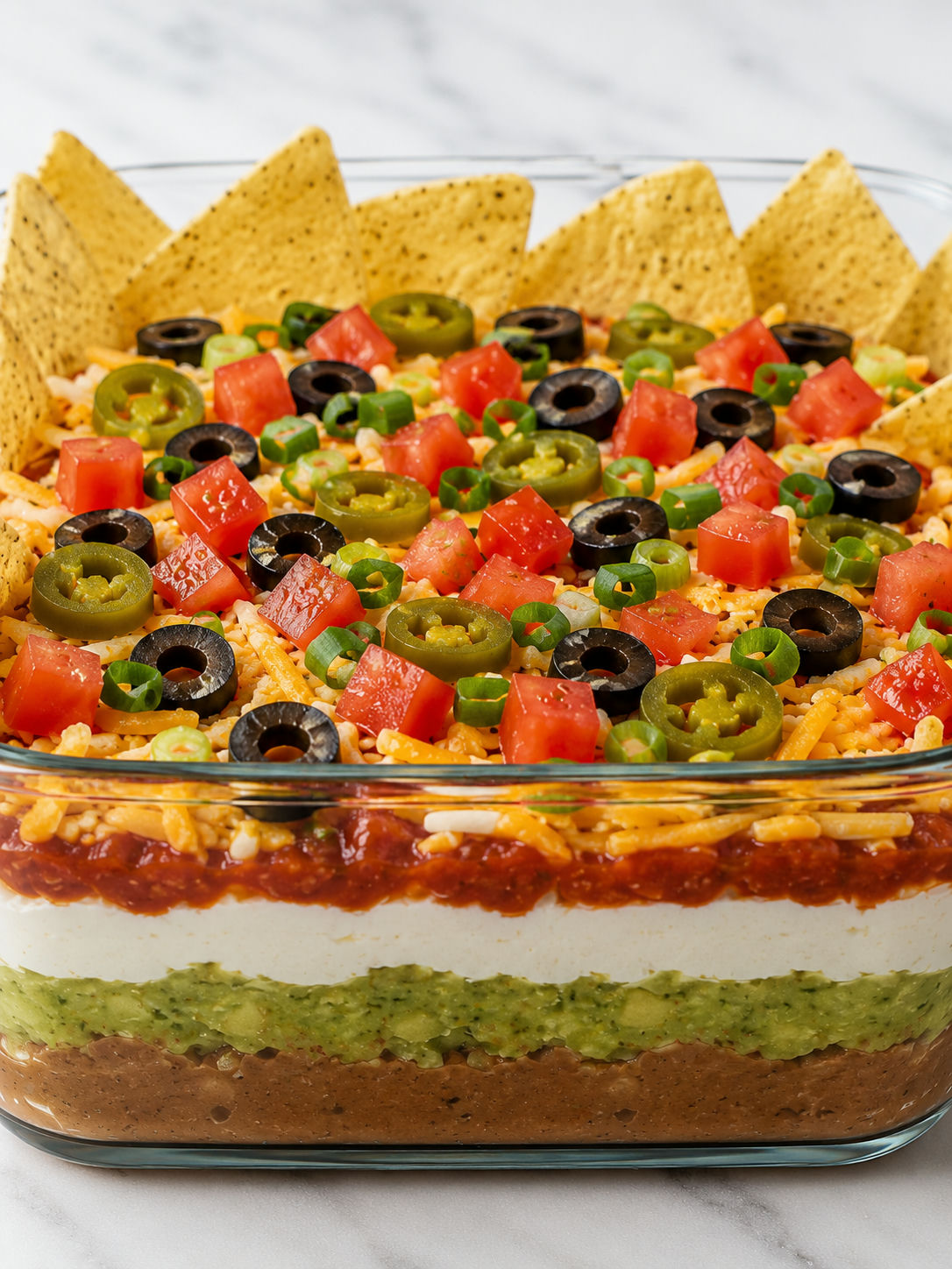 Creamy cheesy 7-Layer Dip filling a glass dish with tortilla chips