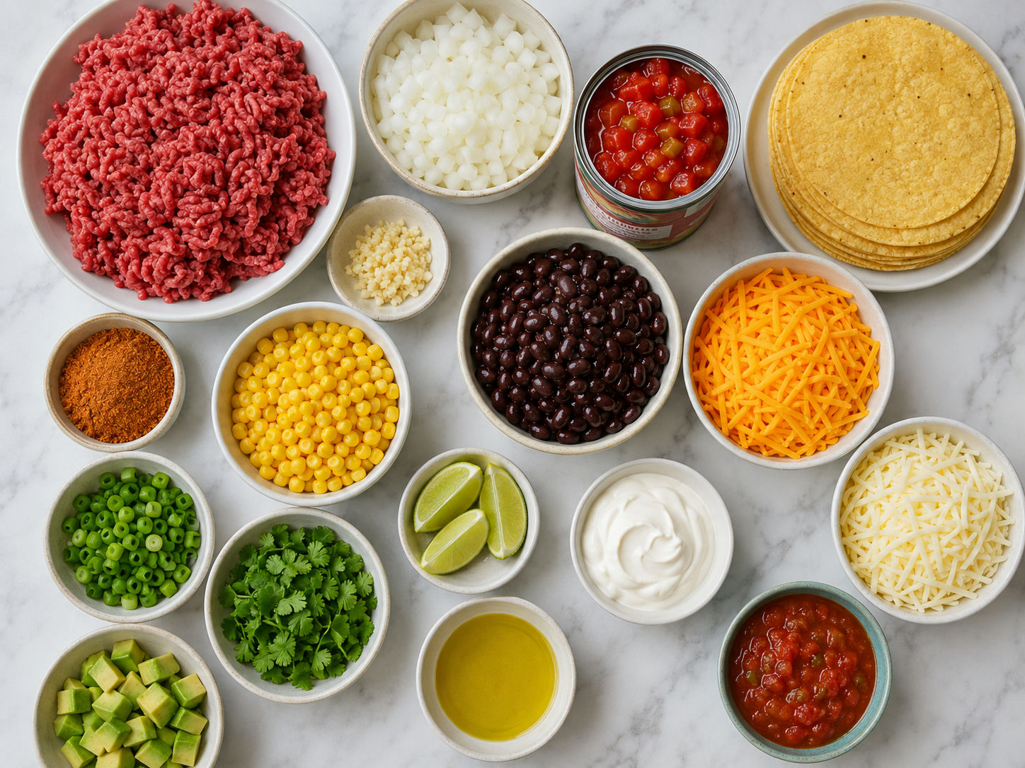 Ingredients for taco bake with beef, Rotel tomatoes, beans, corn, and cheese