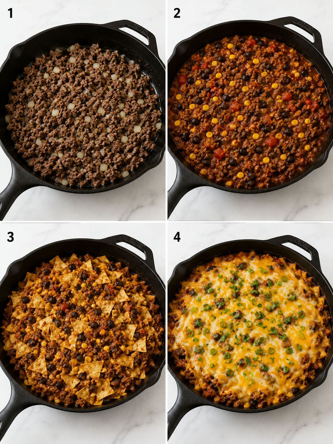 Four steps for making taco bake from browning beef to melted cheese