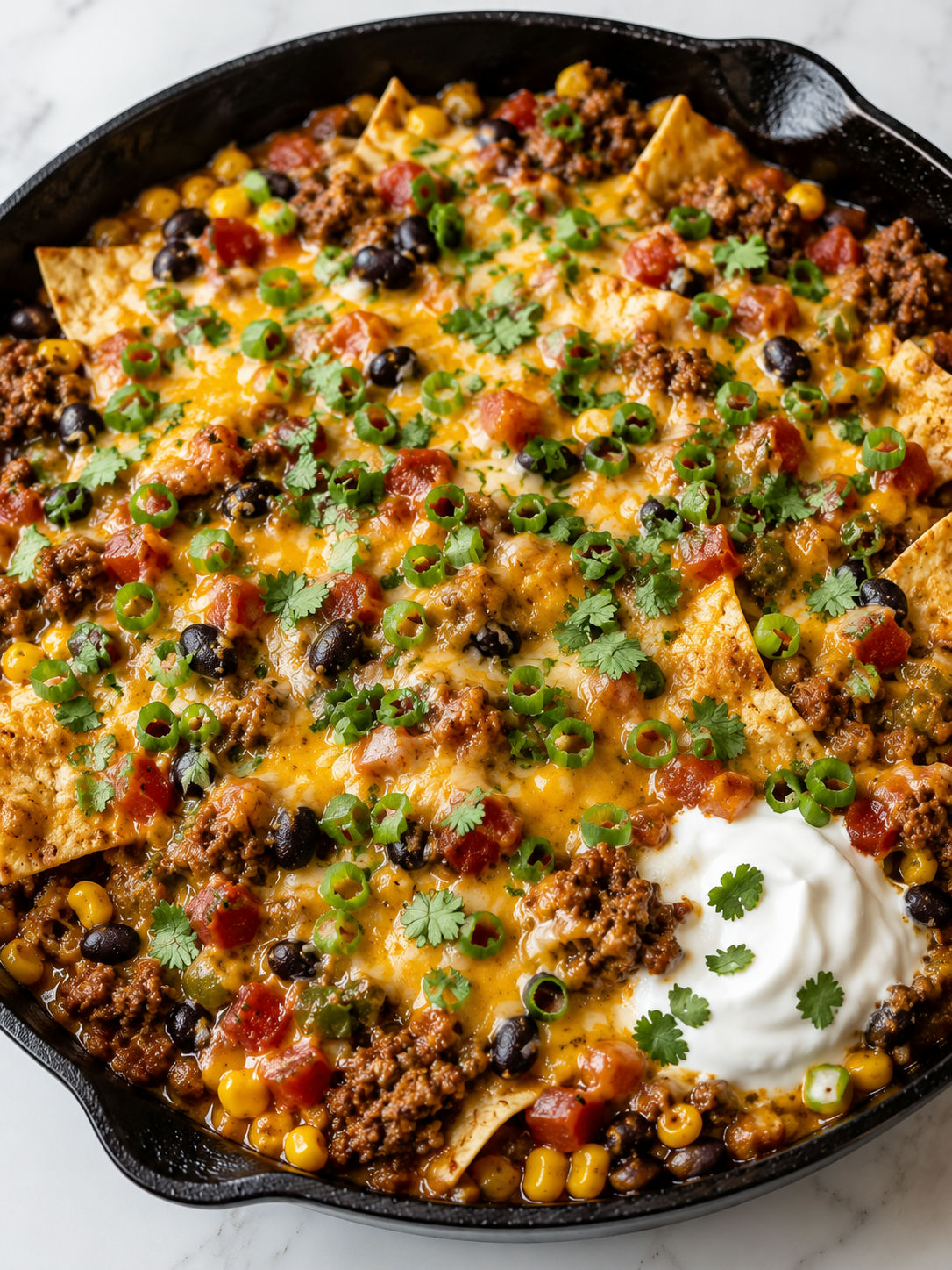 Loaded taco bake in a skillet with melted cheese, beef, beans, and corn