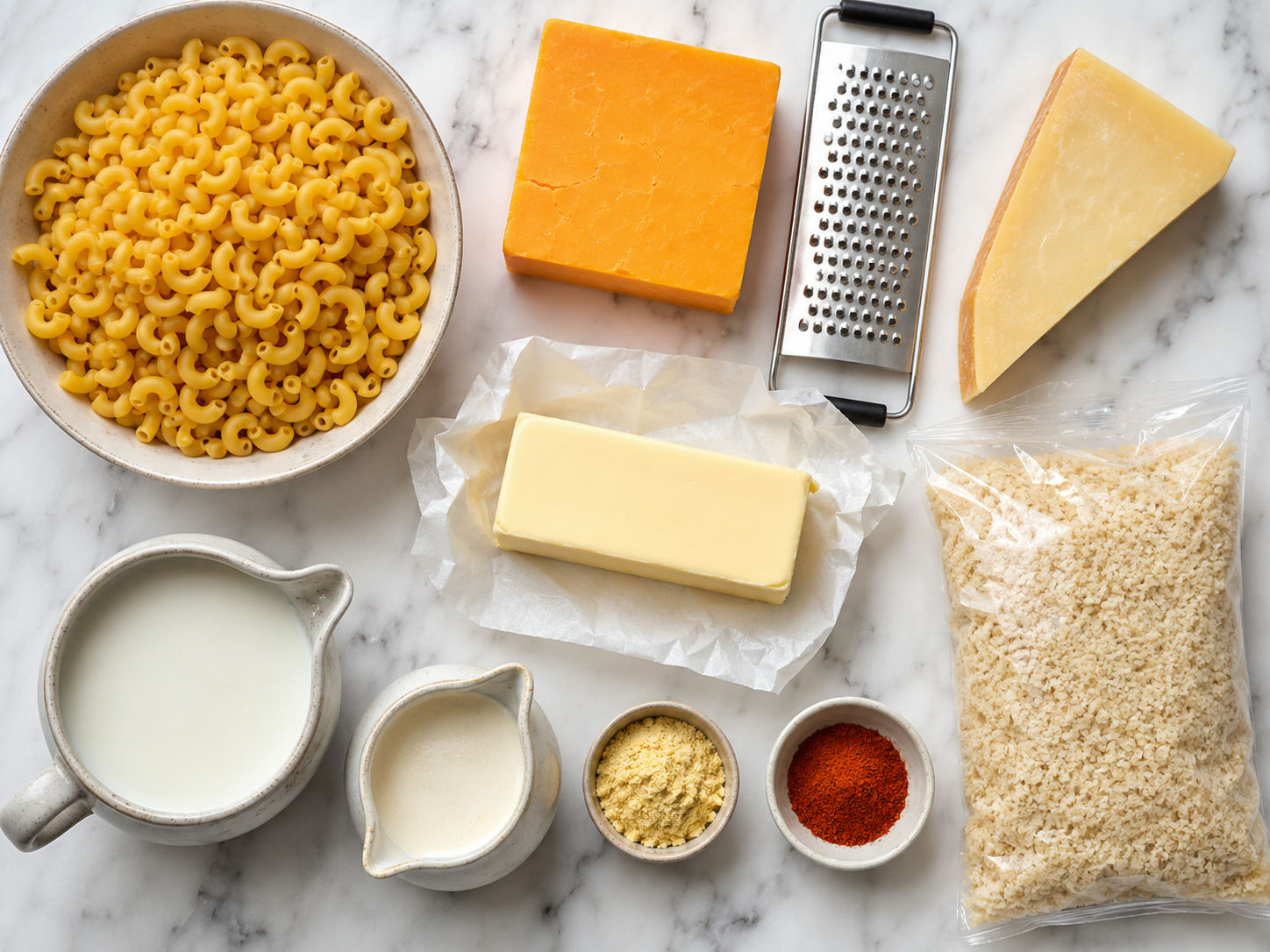 Raw ingredients for baked mac and cheese including cheddar, Gruyere, elbow pasta, and panko on a wood surface