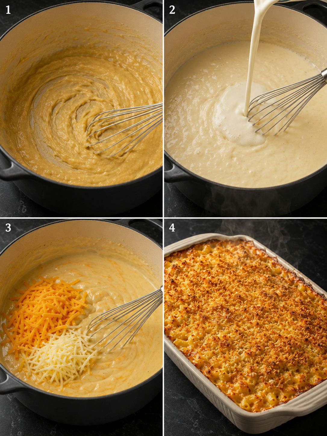 Four steps of making baked mac and cheese from roux to golden panko crust out of the oven