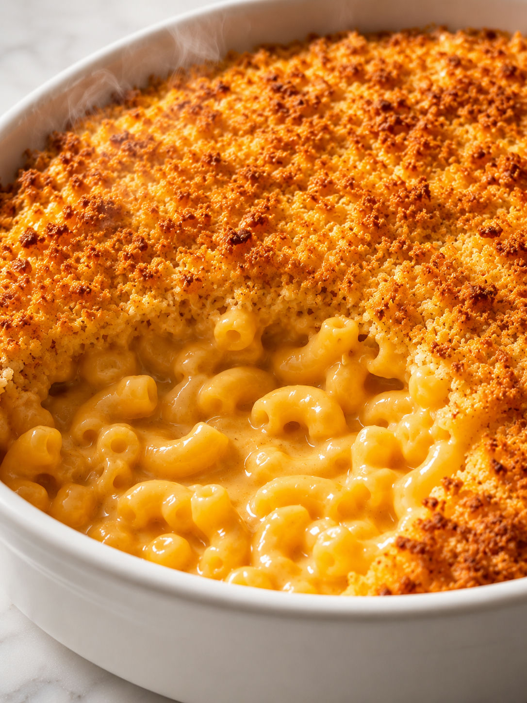 Close-up scoop of baked mac and cheese showing golden crust and stretchy melted cheddar pull