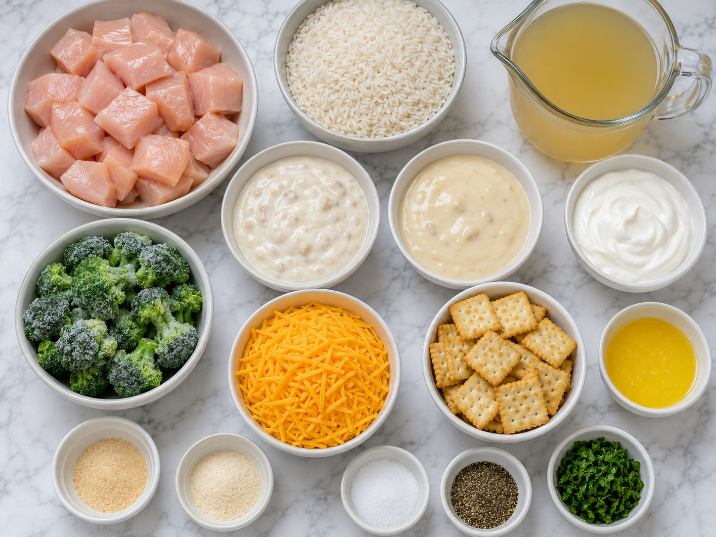 Chicken rice casserole ingredients with broccoli, cheddar, and crackers