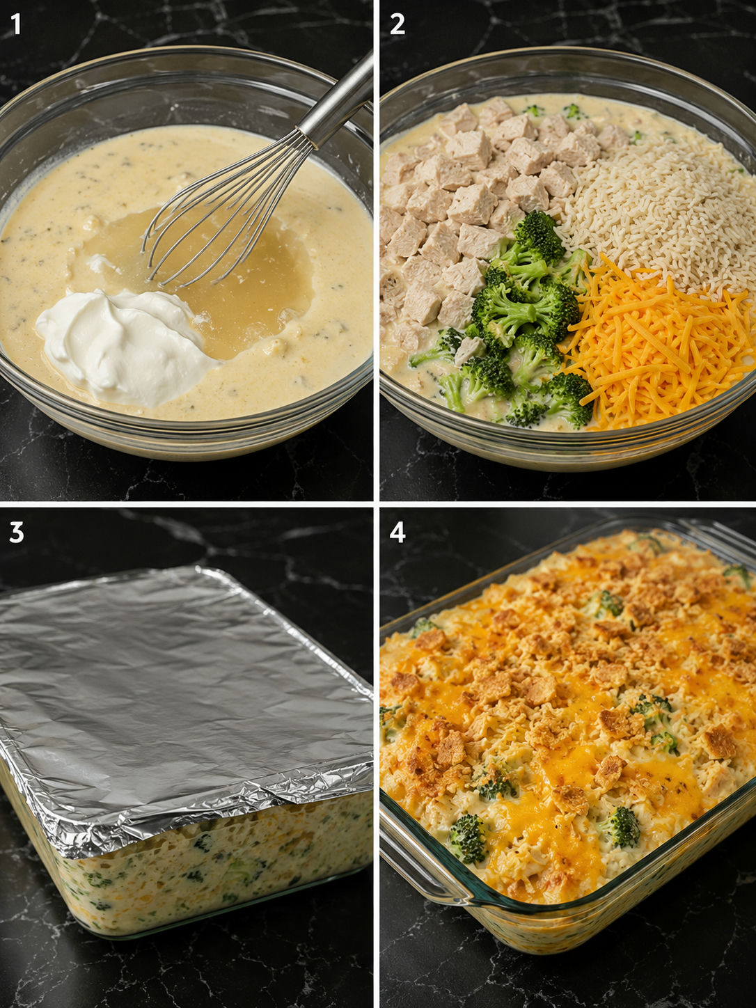 Four steps for making creamy chicken and rice casserole