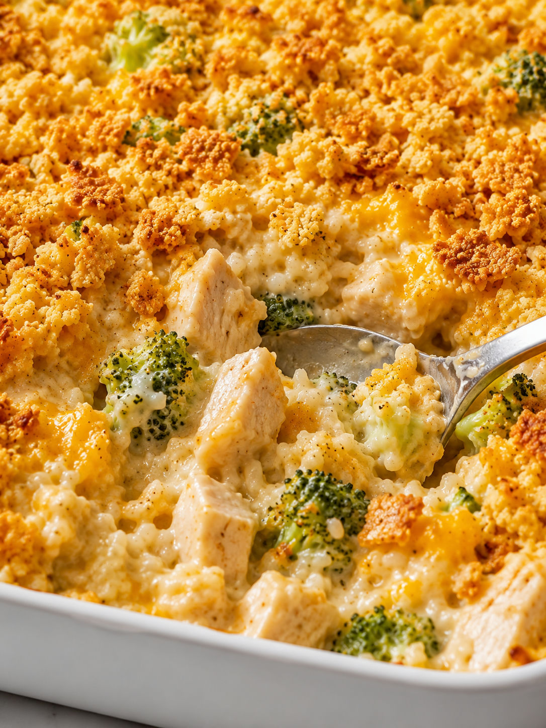 Creamy chicken rice casserole with golden cheddar cracker topping