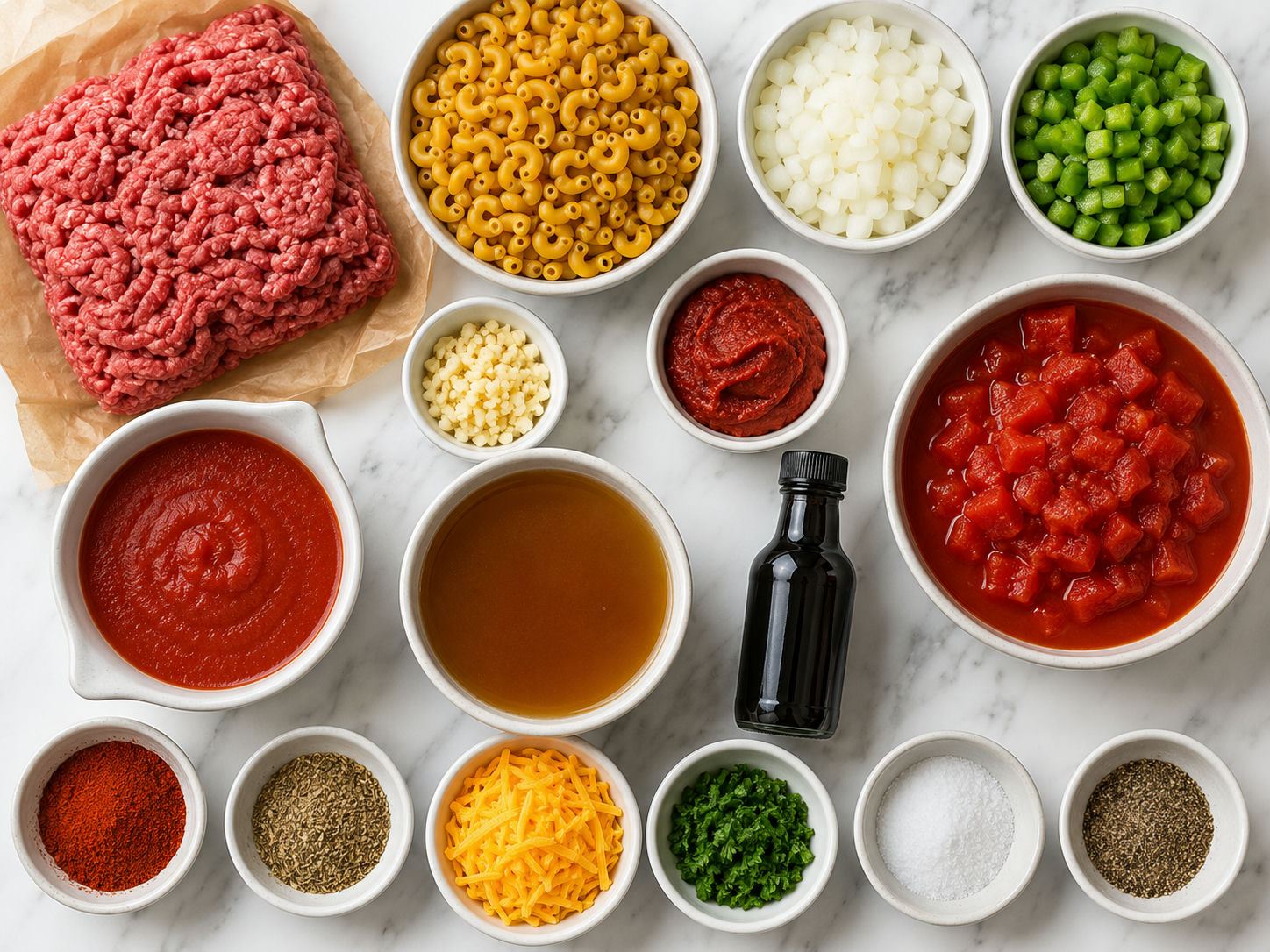 Ingredients for American goulash with beef, macaroni, tomatoes, pepper, and cheddar