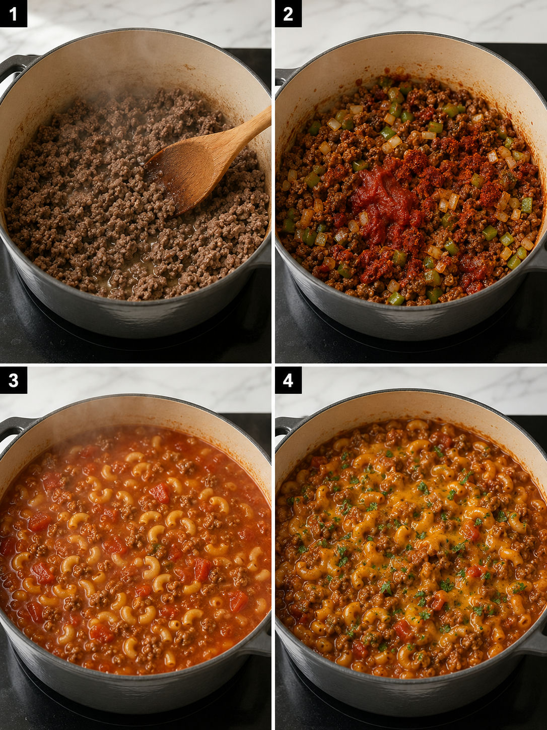 Four steps of making American goulash from browning beef to melting cheddar