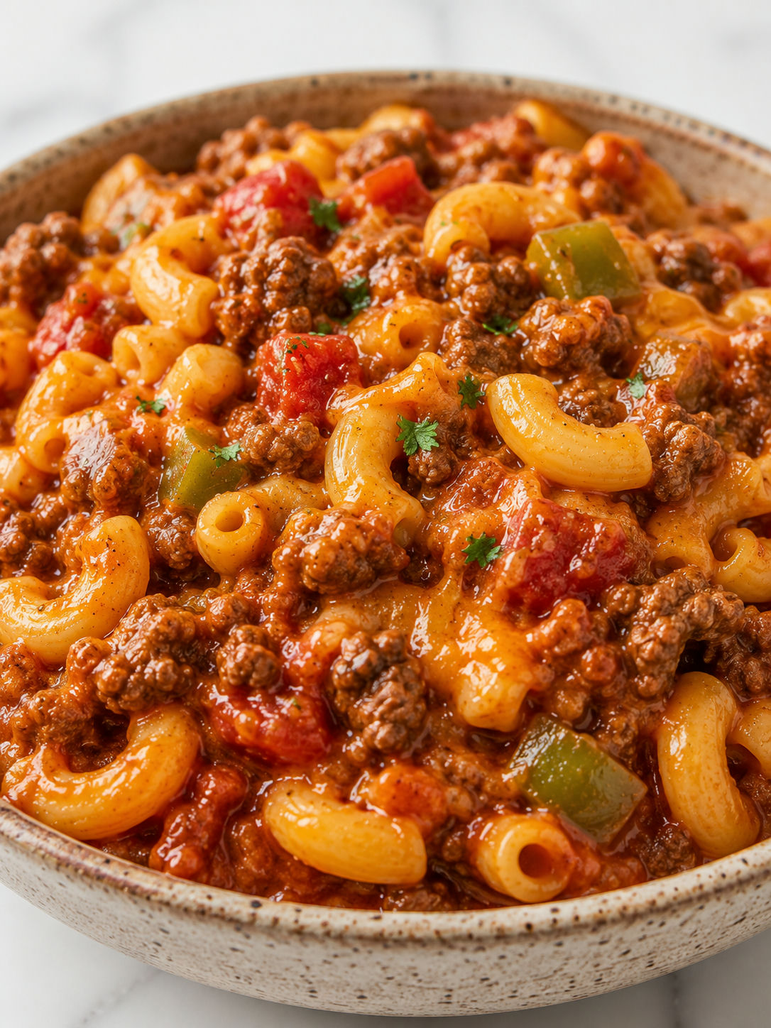 American goulash filling a bowl with tomato beef sauce, macaroni, cheddar, and parsley