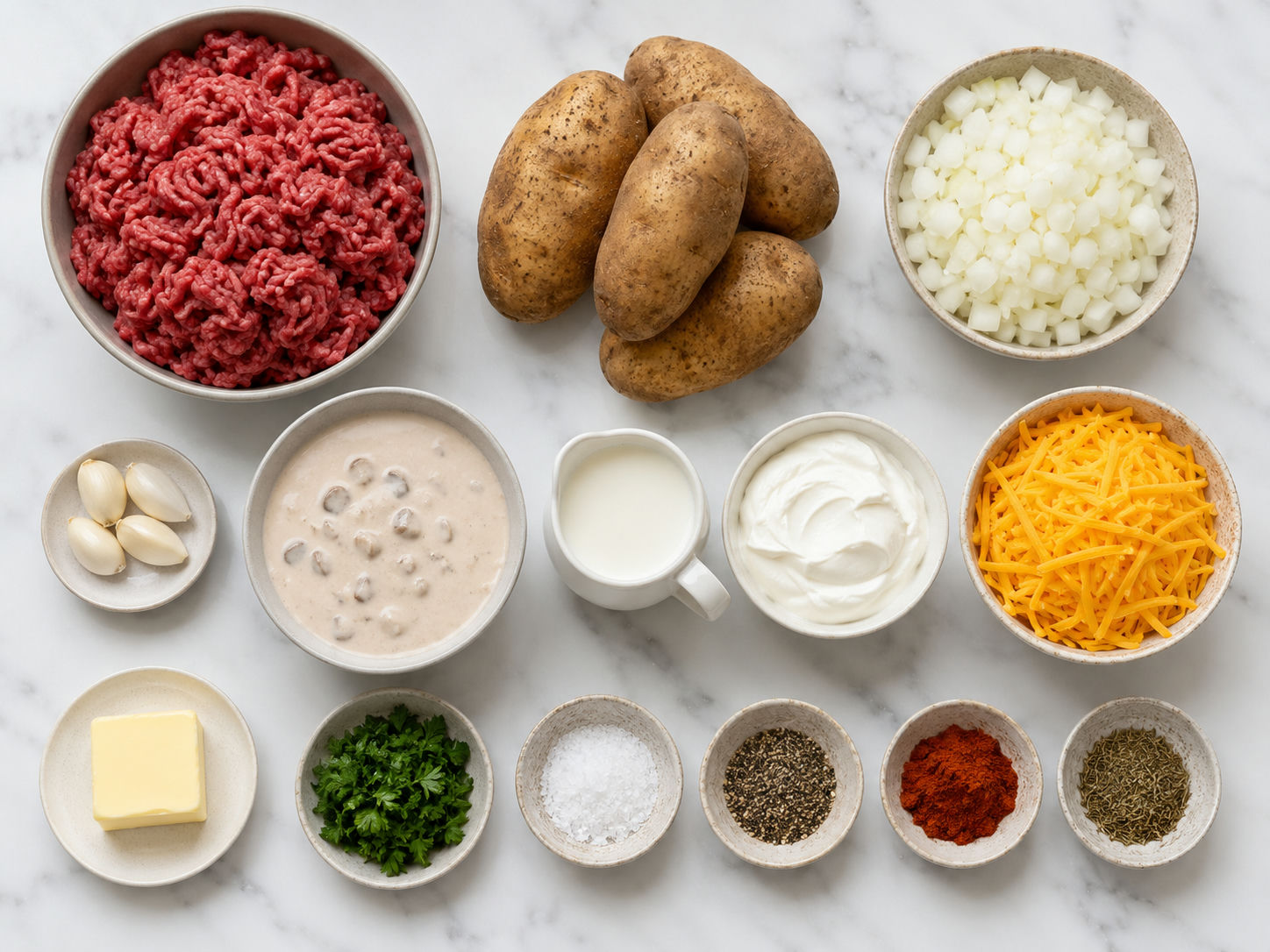Ingredients for beef and potato casserole on a wooden surface