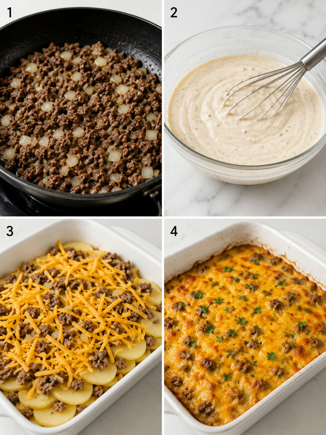 Steps for making beef and potato casserole in a kitchen