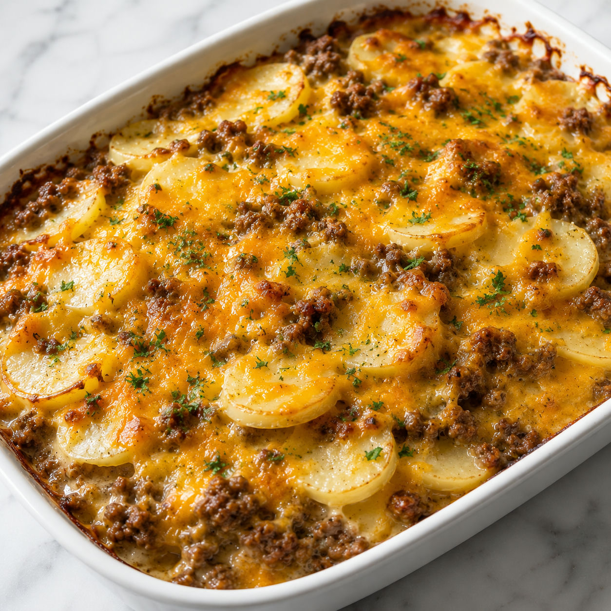 Spoonful of beef and potato casserole with melted cheddar