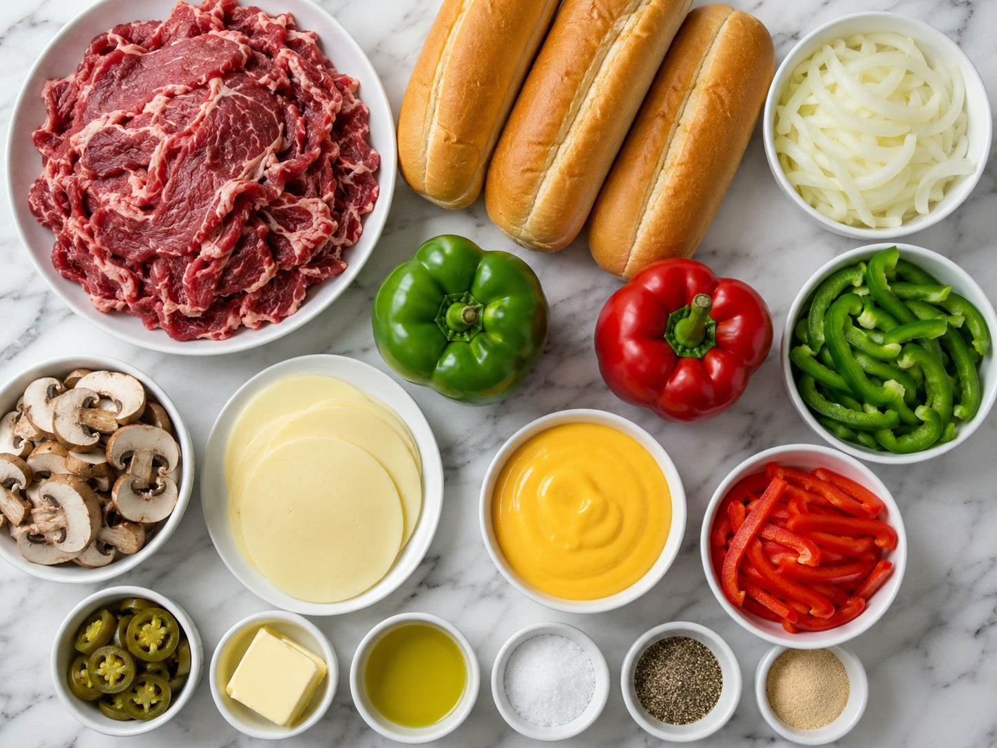 Raw ingredients for fully loaded cheesesteaks with steak, rolls, peppers, and cheese