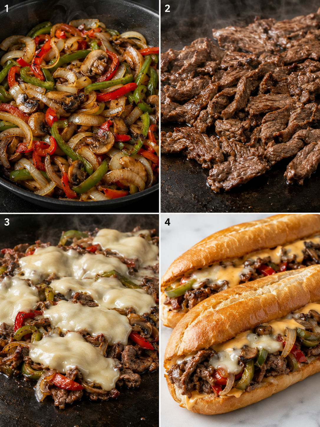 Four cooking steps for loaded cheesesteaks with vegetables, steak, and melted cheese
