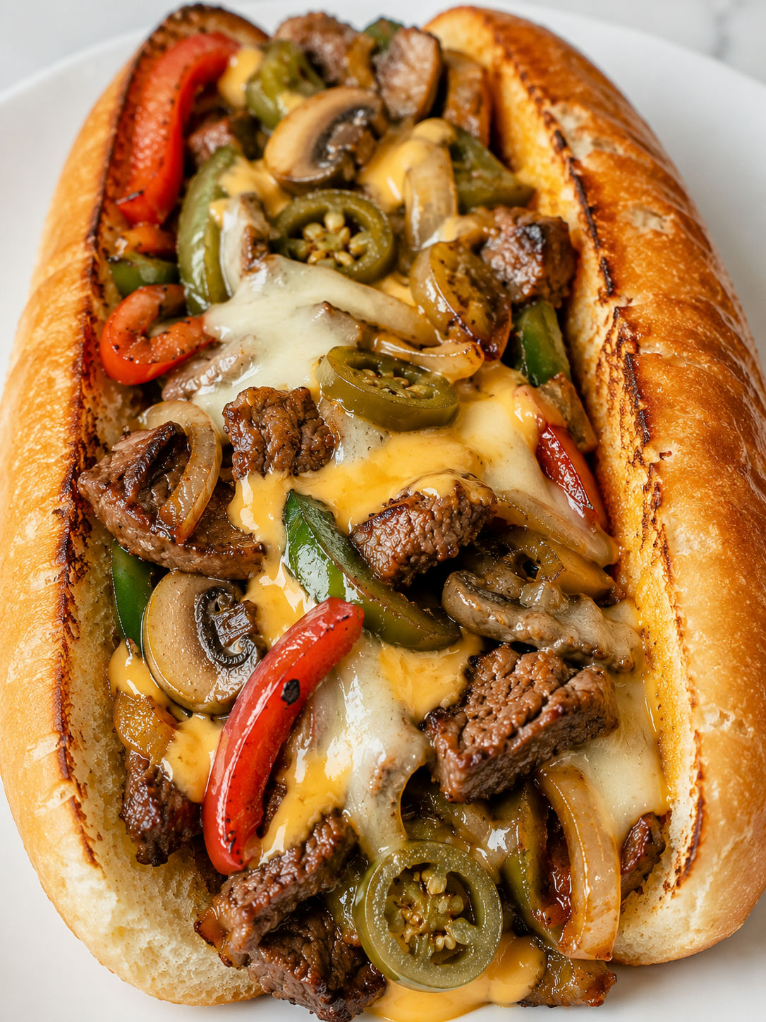 Fully loaded cheesesteak overflowing with steak, peppers, mushrooms, and melted cheese