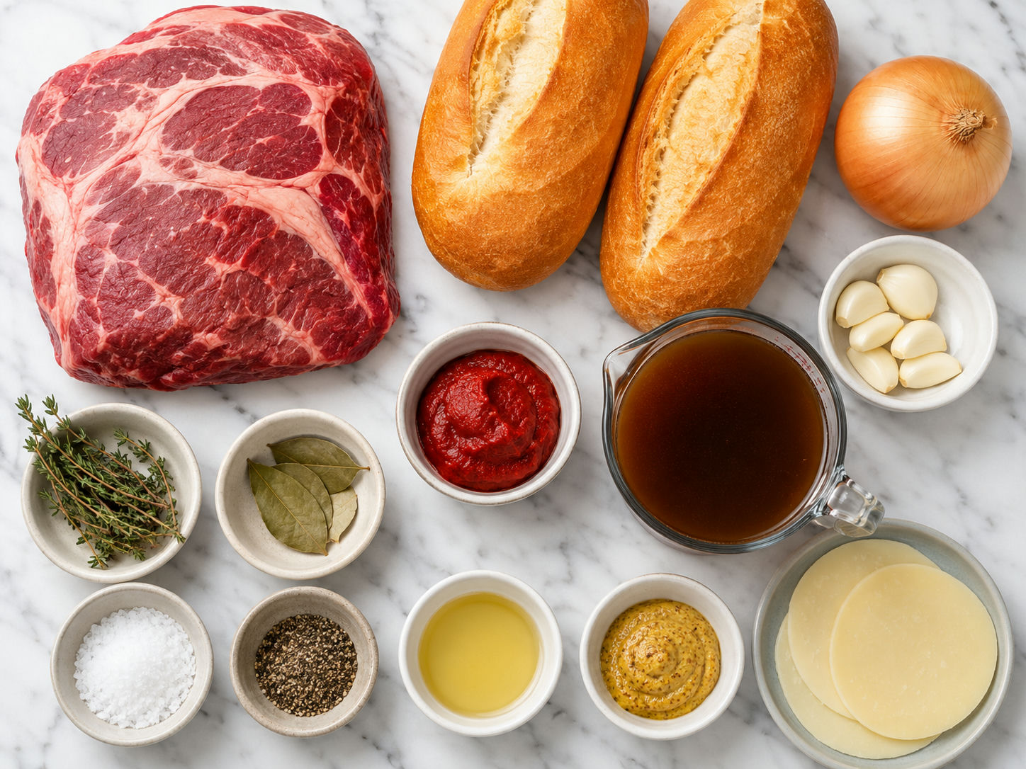 Ingredients for French dip sandwiches with beef, rolls, stock, and herbs