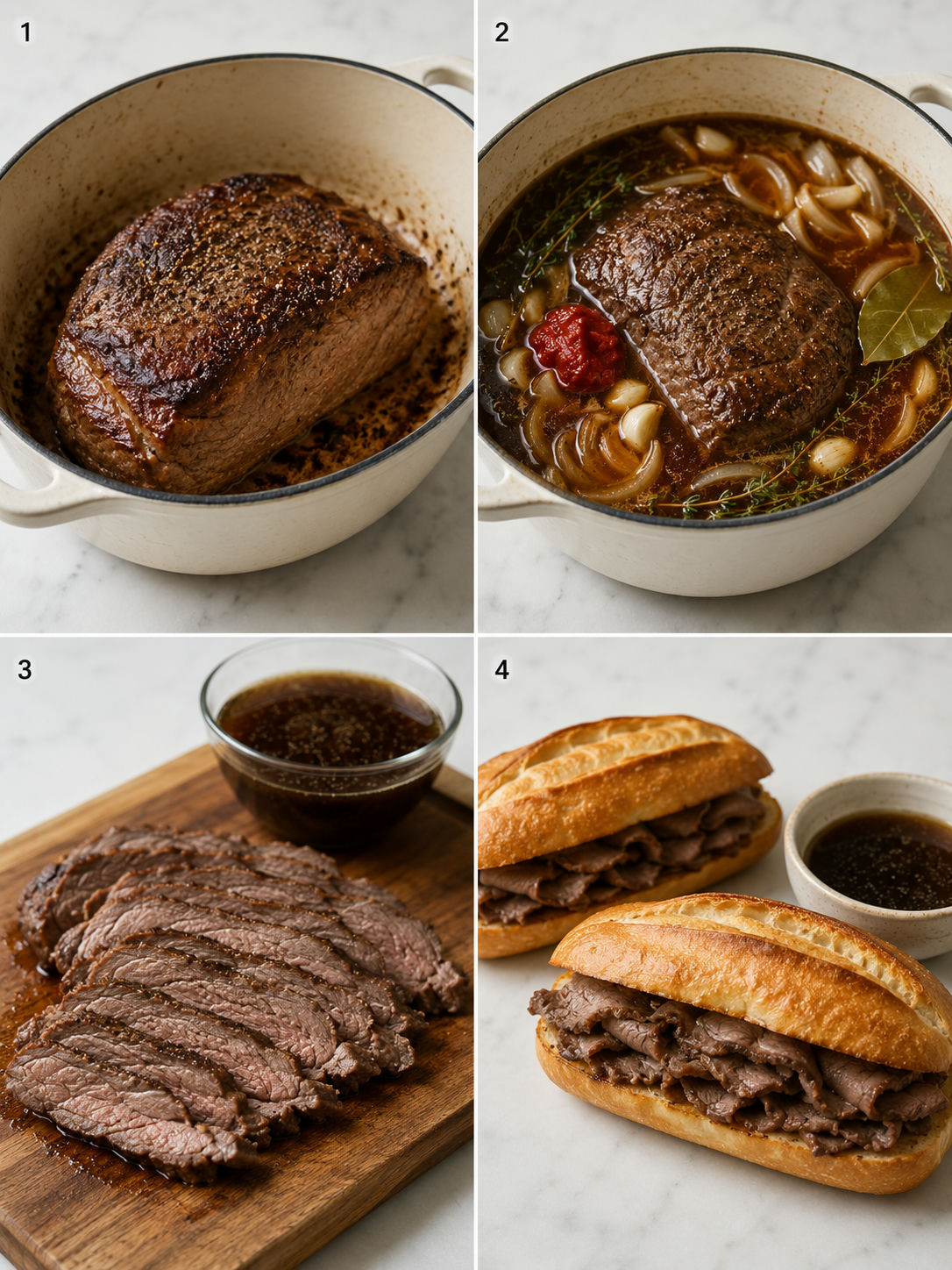 Four steps for making French dip sandwiches from searing beef to serving