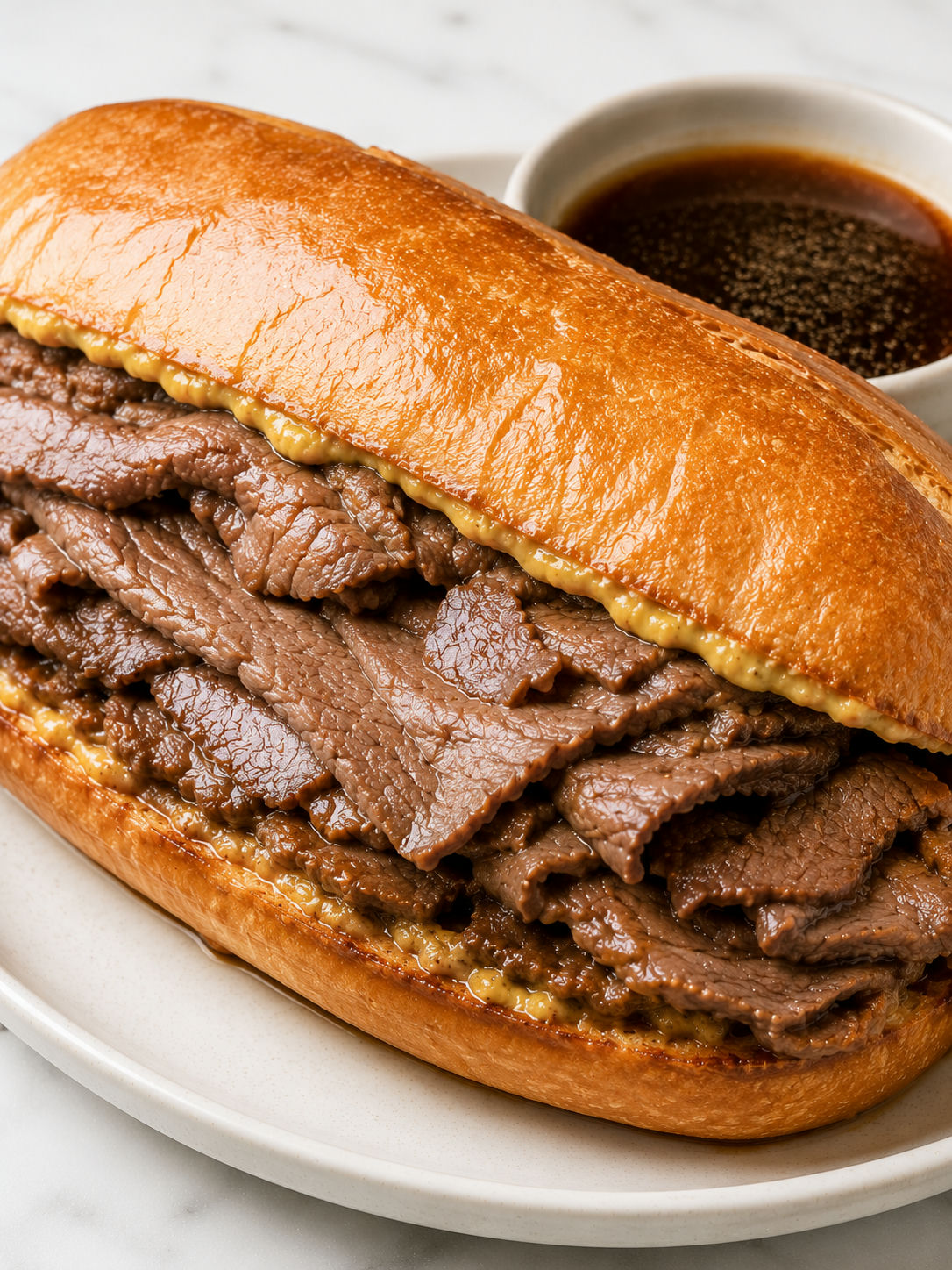 Messy LA French dip sandwich with glossy beef and a bowl of au jus