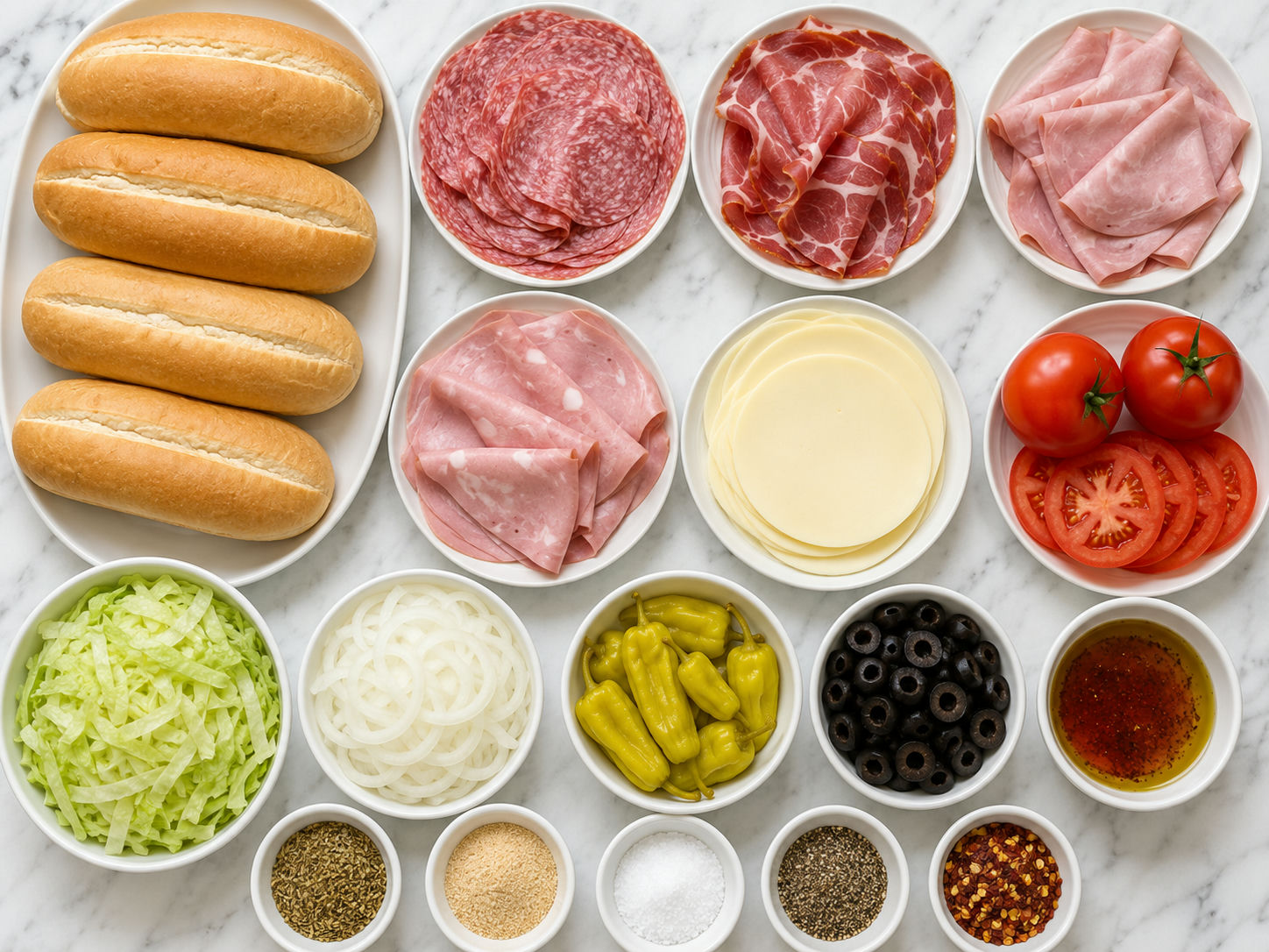 Ingredients for loaded Italian hoagies with deli meats, rolls, cheese, and vegetables