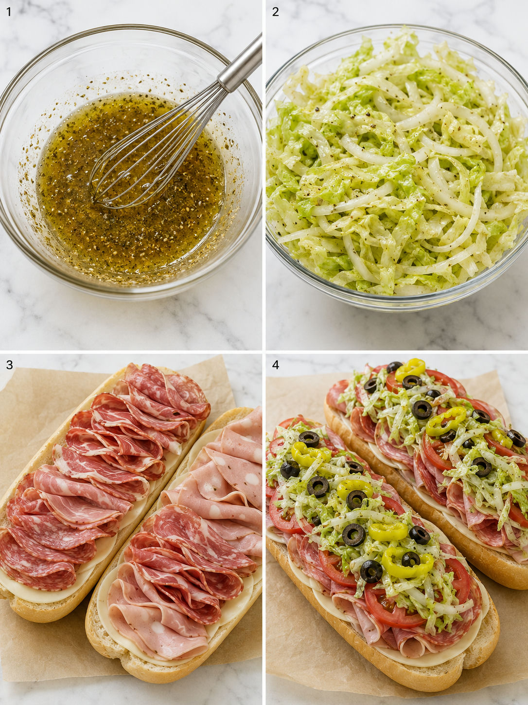 Four steps for assembling loaded Italian hoagies with dressing, lettuce, meats, and toppings