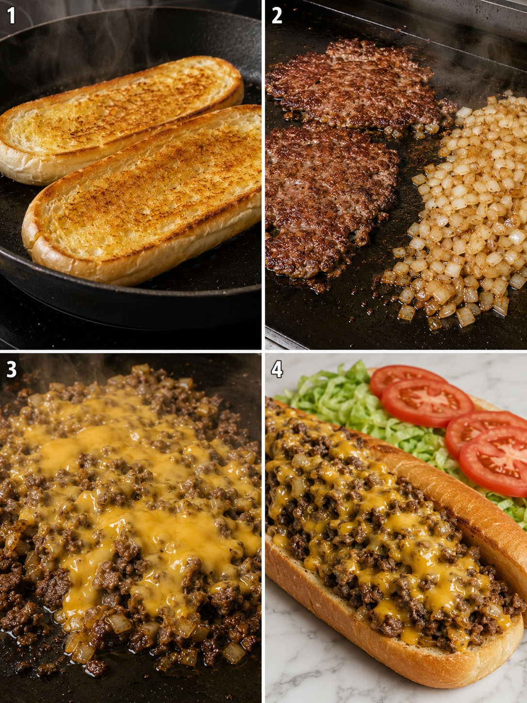 Four steps for making a chopped cheese hero from toasting to filling