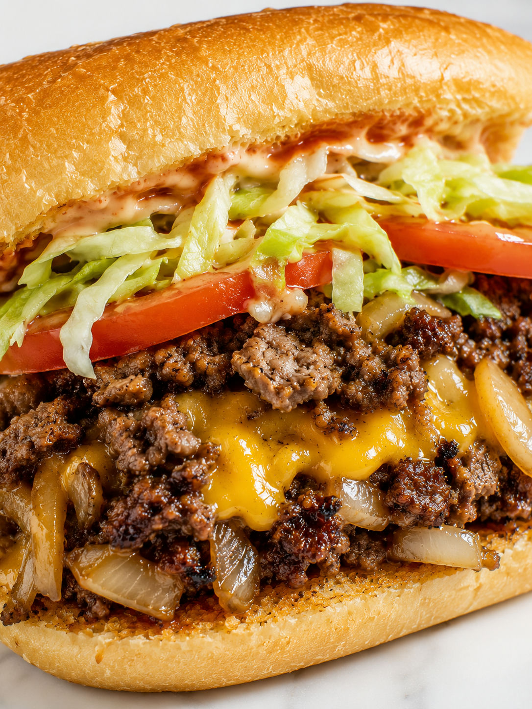 Chopped cheese hero cut open with melted cheese, beef, lettuce, and tomato