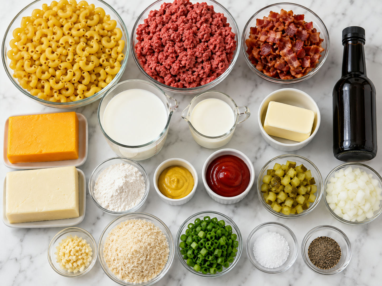 Ingredients for mac and cheese burger casserole with beef, bacon, pasta, and cheese
