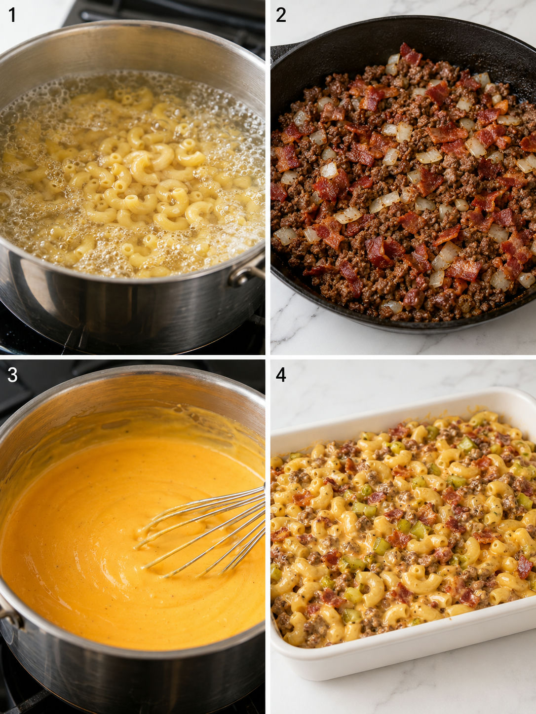 Four cooking steps for mac and cheese burger casserole