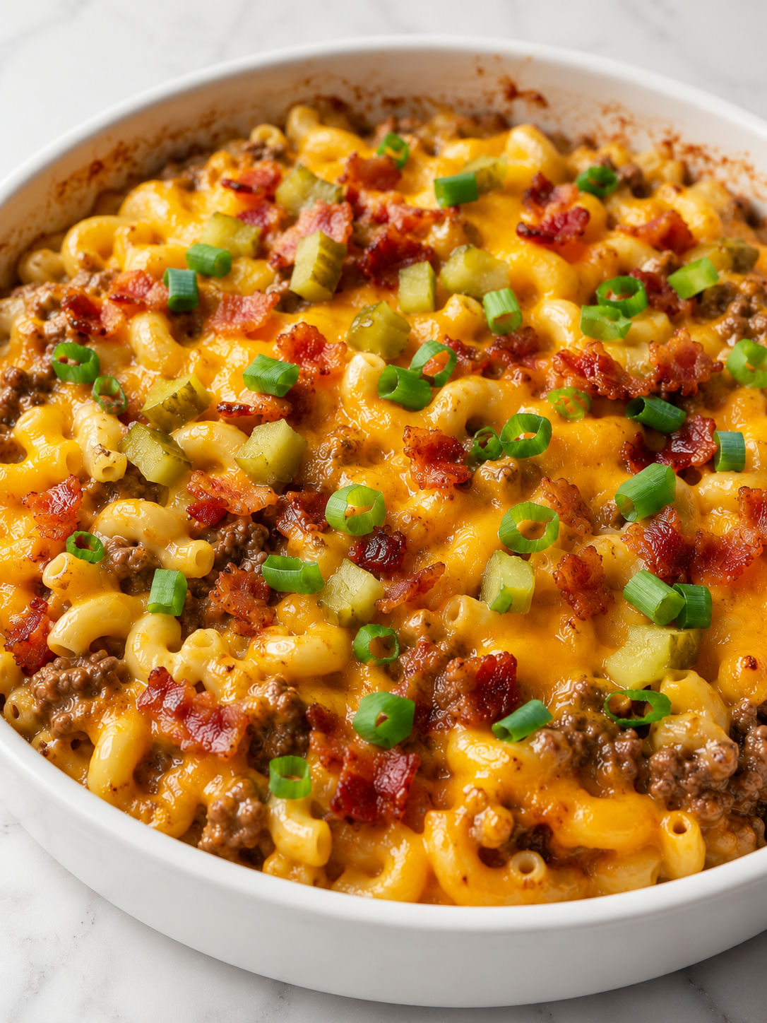 Creamy mac and cheese burger casserole with bacon and melted cheddar