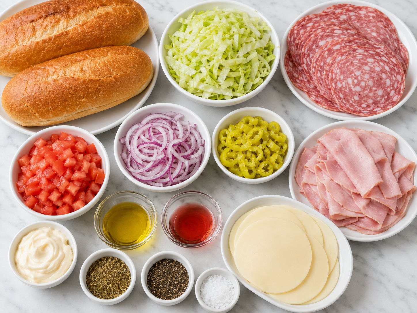 Ingredients for a chopped Italian deli sandwich on a wooden counter