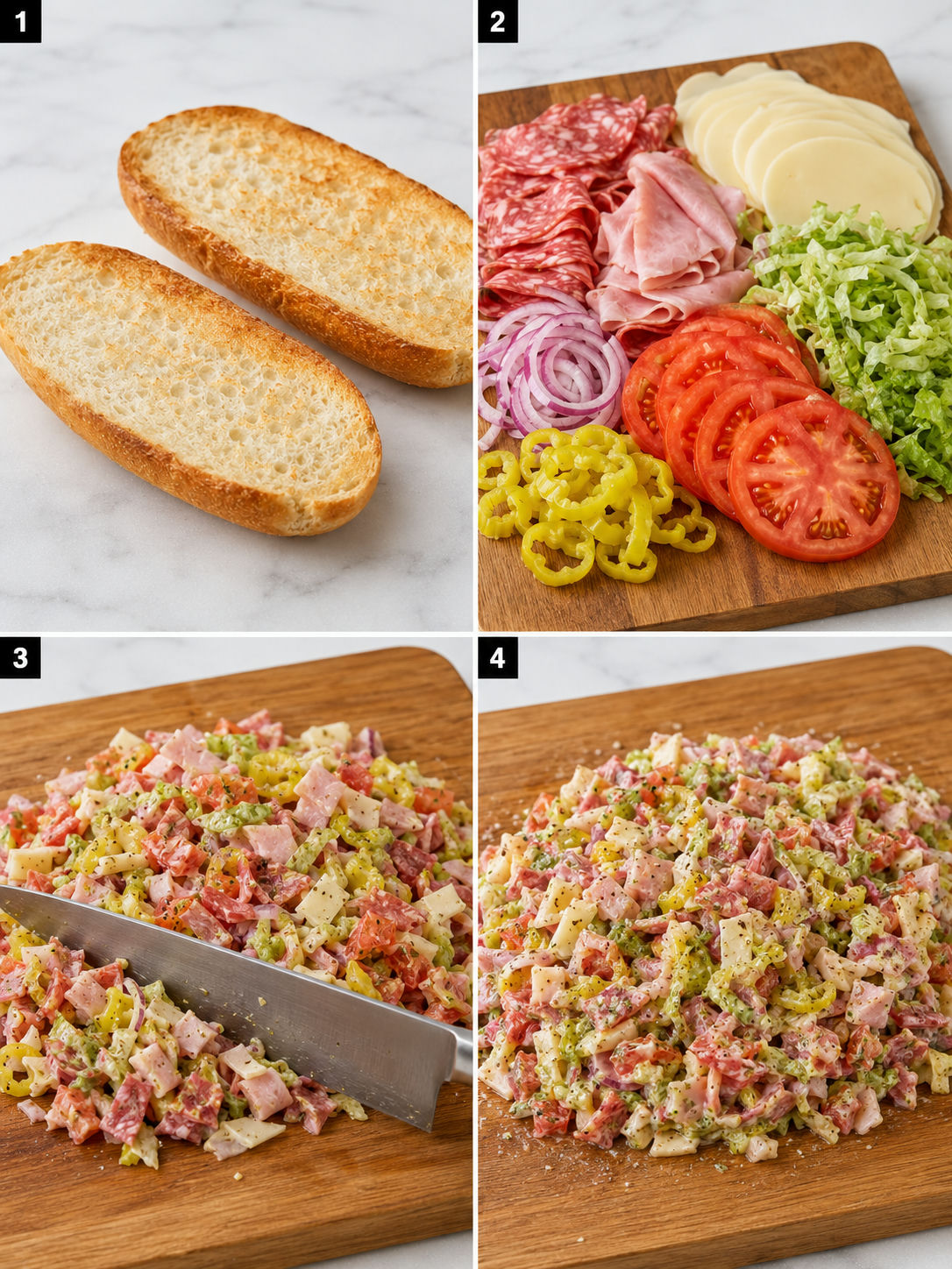 Four steps for making a chopped Italian deli sandwich