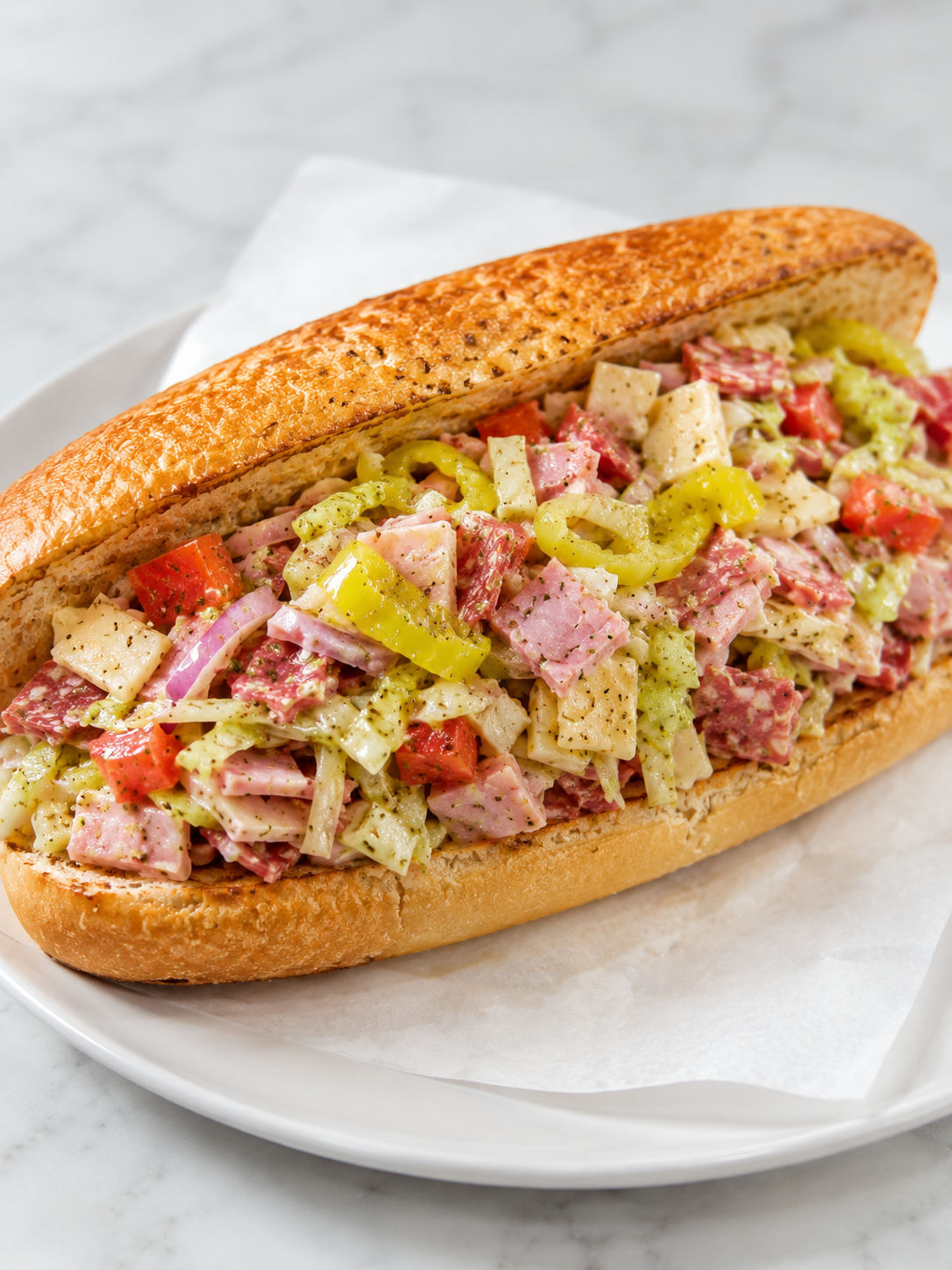 Chopped Italian deli sandwich packed with salami, cheese, lettuce, and peppers