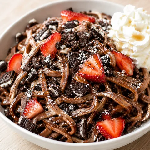 Chocolate pancake spaghetti with strawberries, cookie crumbs, and syrup