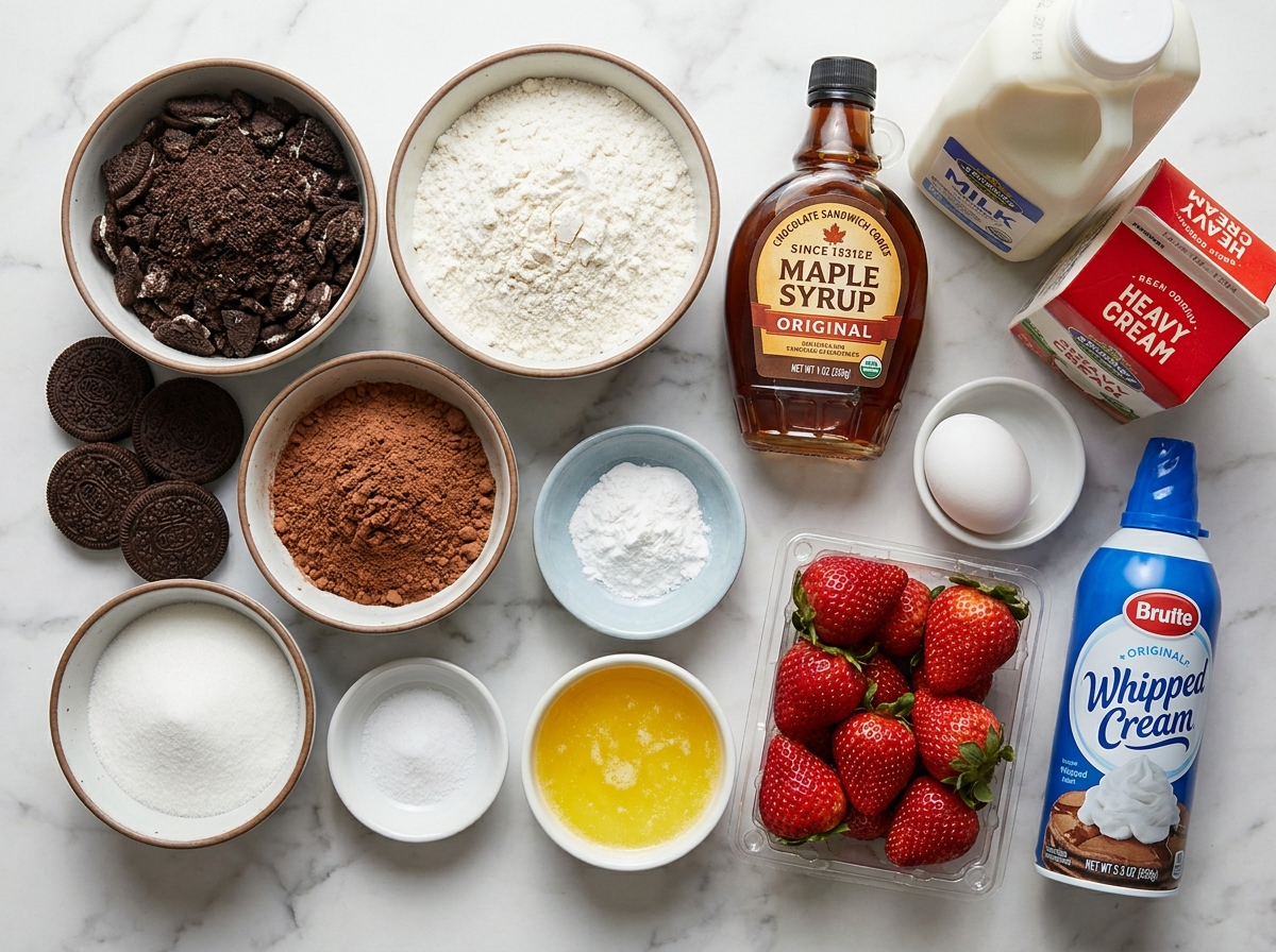 Ingredients for chocolate pancake spaghetti with cookies, cocoa, milk, and berries