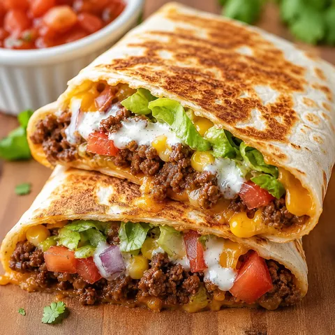 Crispy beef tortilla folded wrap with cheese, lettuce, tomato, corn, and ranch