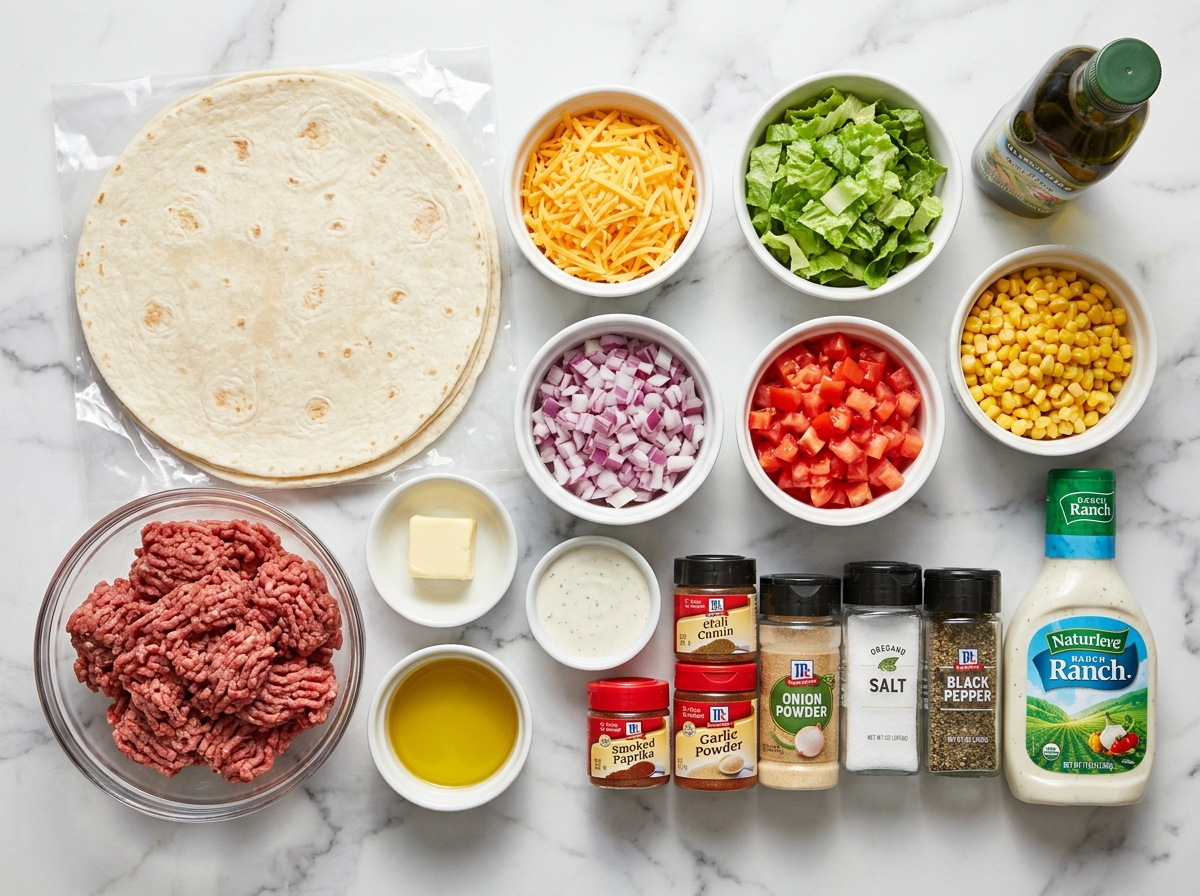 Ingredients for beef tortilla folded wraps with tortillas, beef, cheese, and vegetables