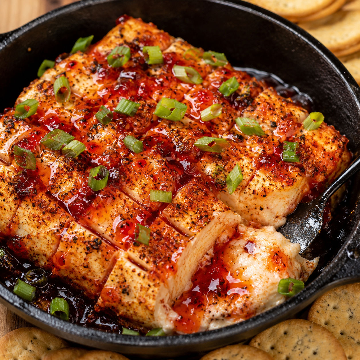 Smoked cream cheese dip with pepper jelly and green onions in a skillet