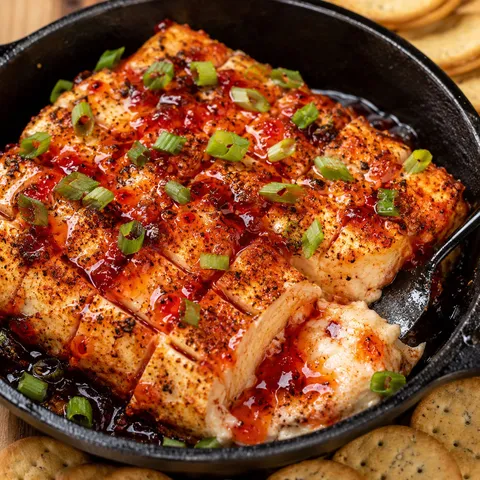 Smoked cream cheese dip with pepper jelly and green onions in a skillet