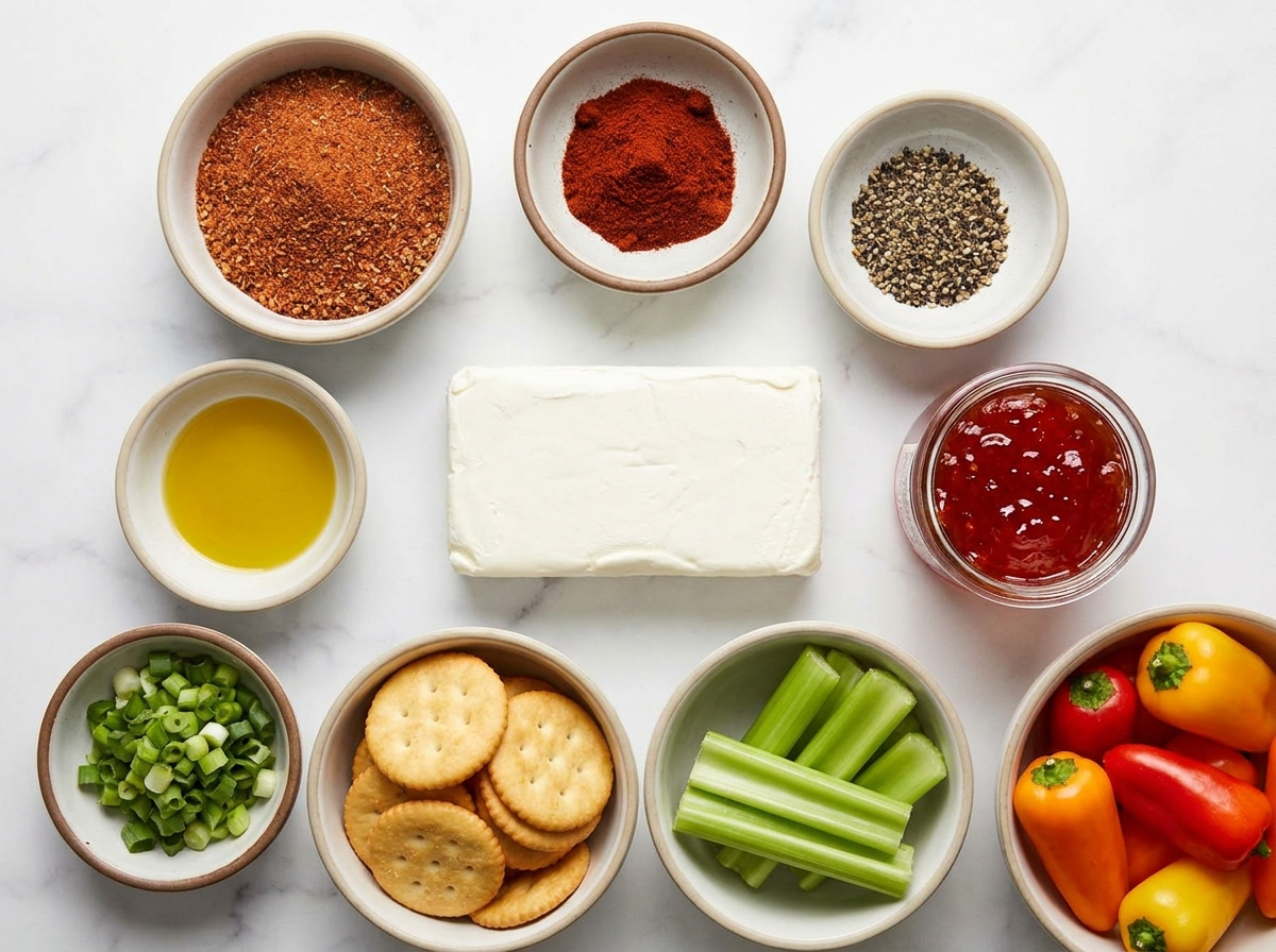 Cream cheese dip ingredients with pepper jelly, spices, crackers, and vegetables