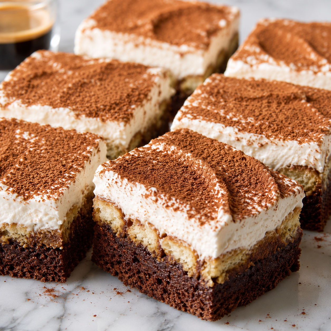 Tiramisu Brownies with cocoa-dusted mascarpone cream and fudgy layers