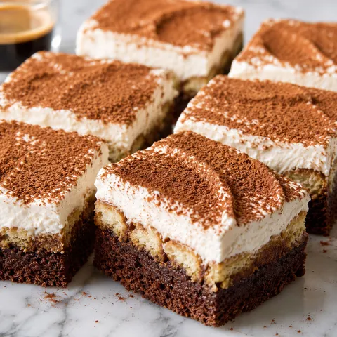 Tiramisu Brownies with cocoa-dusted mascarpone cream and fudgy layers