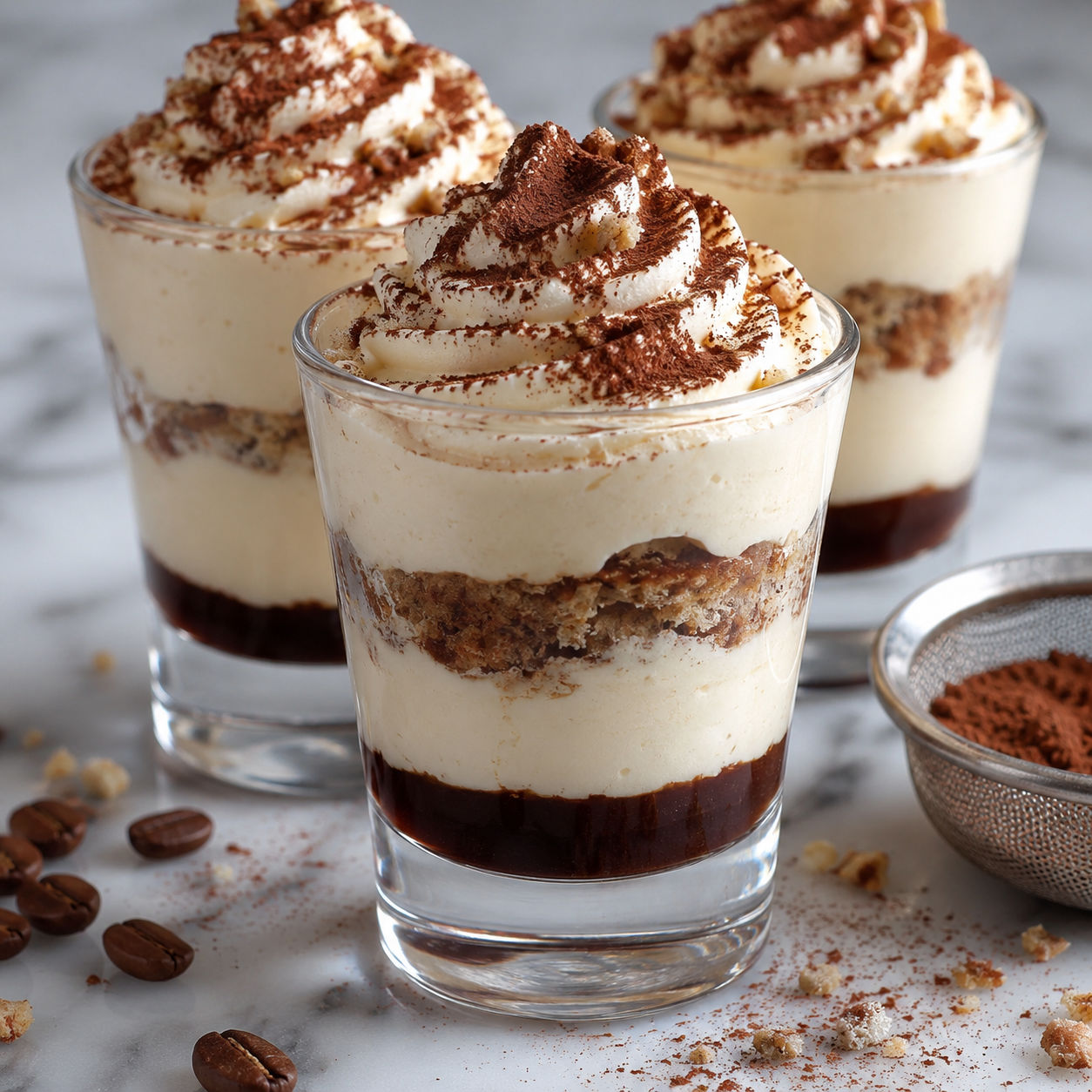 Layered tiramisu shots with whipped cream and cocoa in clear glasses