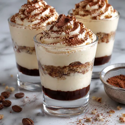 Layered tiramisu shots with whipped cream and cocoa in clear glasses