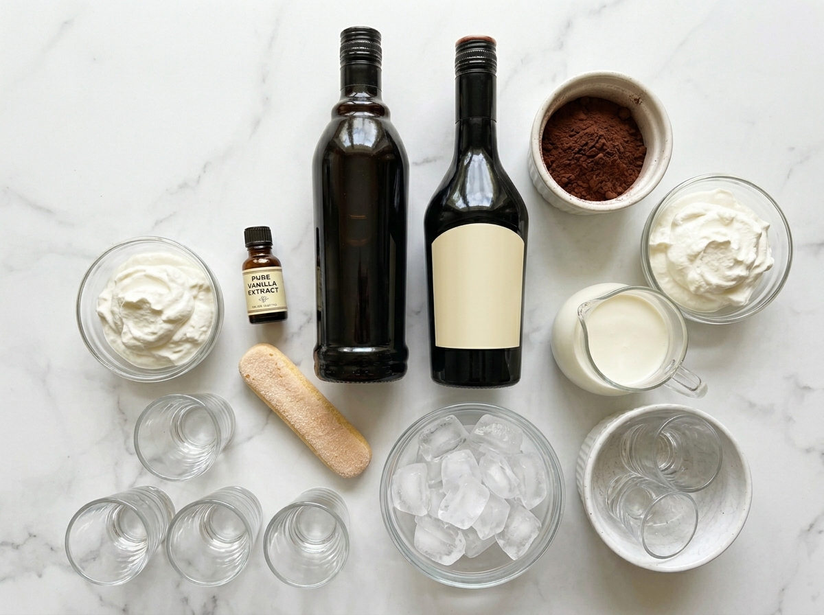 Ingredients for tiramisu shots with liqueurs, cream, cocoa, and ladyfinger