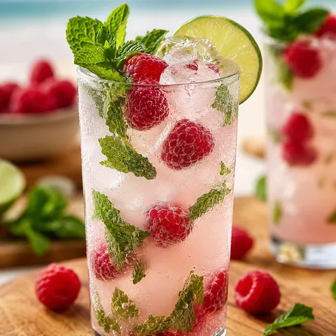 Tito's Raspberry Coconut Mojito with raspberries, mint, and lime