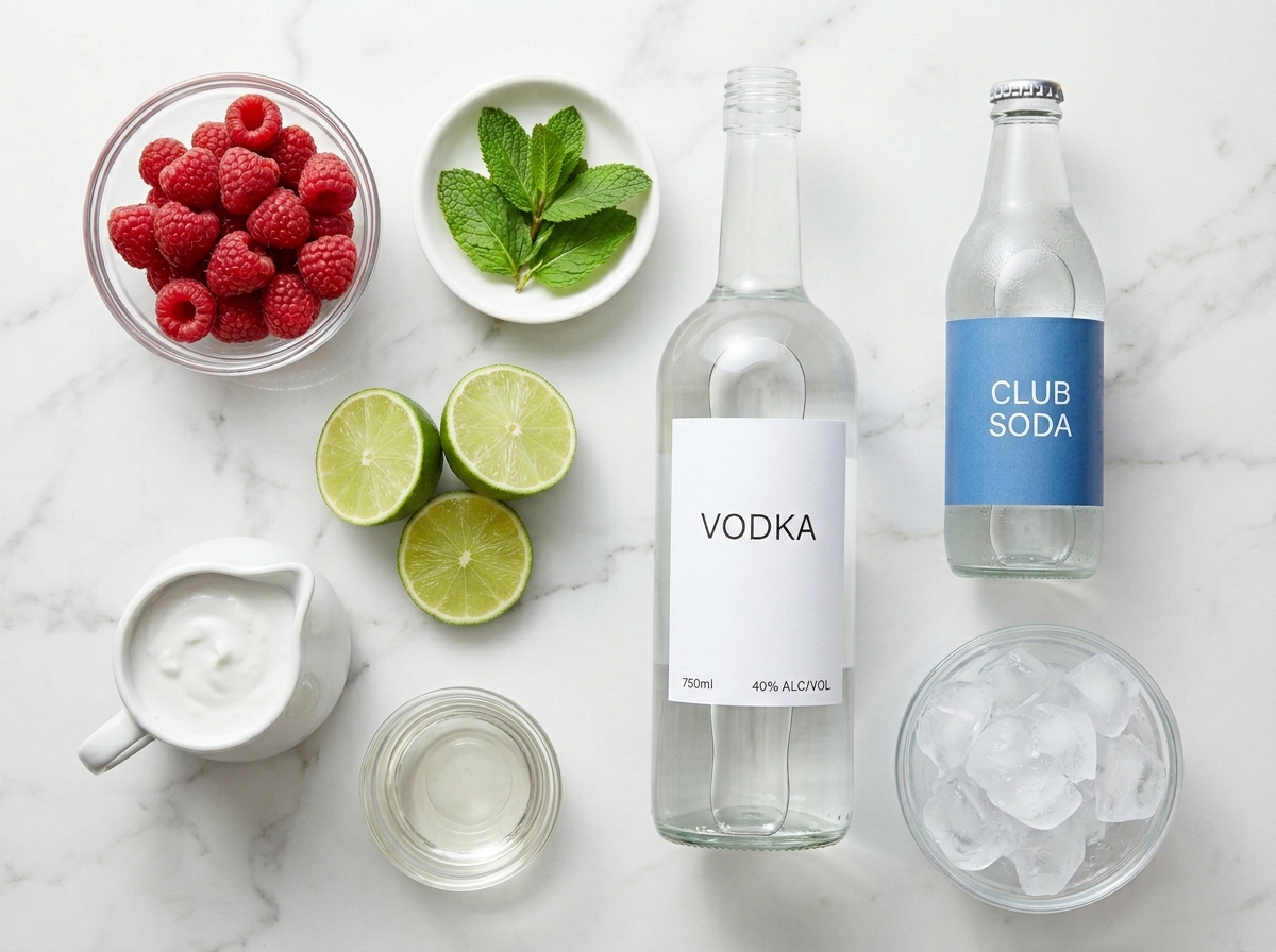 Raspberries, mint, lime, coconut cream, vodka, soda, and ice for a mojito