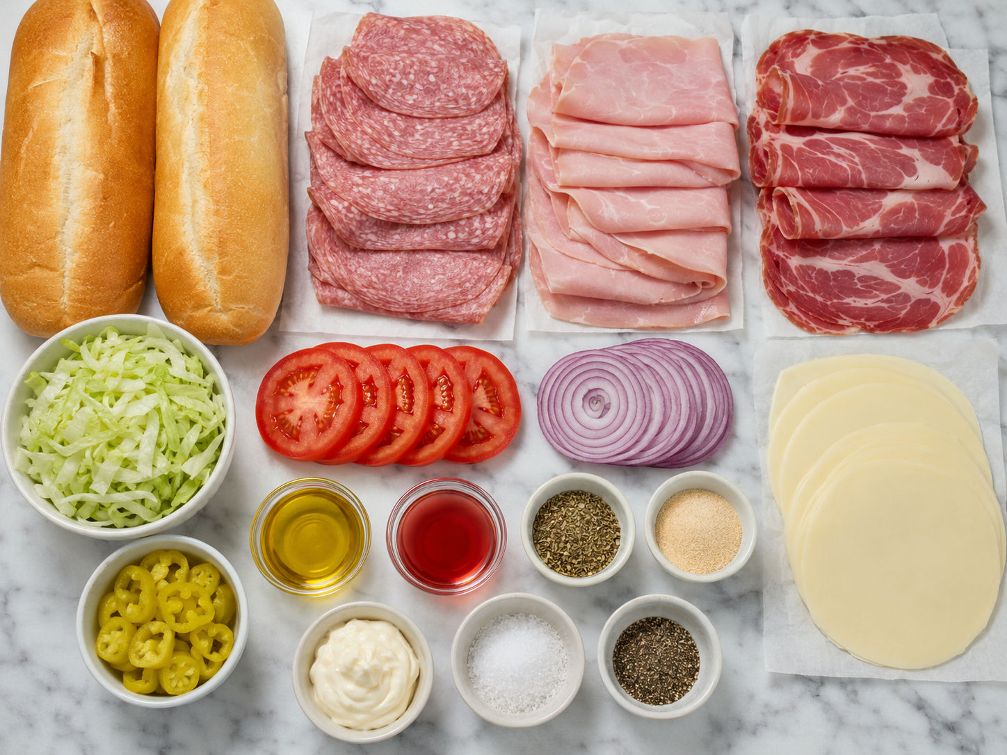 Ingredients for Italian cold cut sandwiches with meats, provolone, rolls, and lettuce