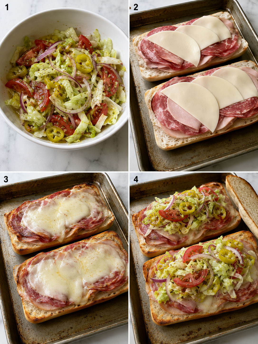 Four steps for making toasted Italian cold cut sandwiches